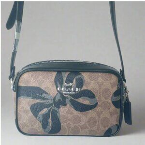 Coach Mini Jamie Camera Bag Black Bow Signature Canvas Brown Crossbody CY778